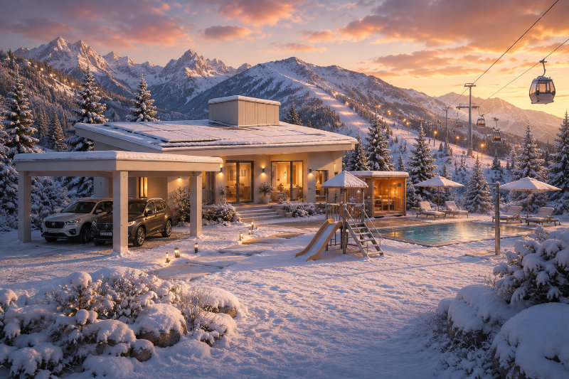 Bergregion mit Ferienhaus im Skigebiet