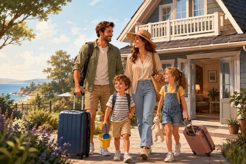 Familie vor einer Ferienunterkunft
