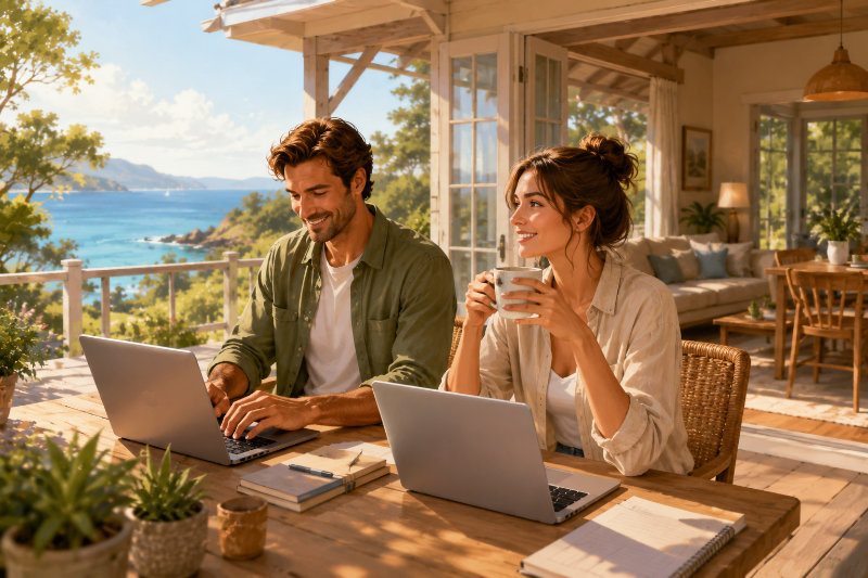 Workation-Gäste mit Laptop in einer Ferienunterkunft