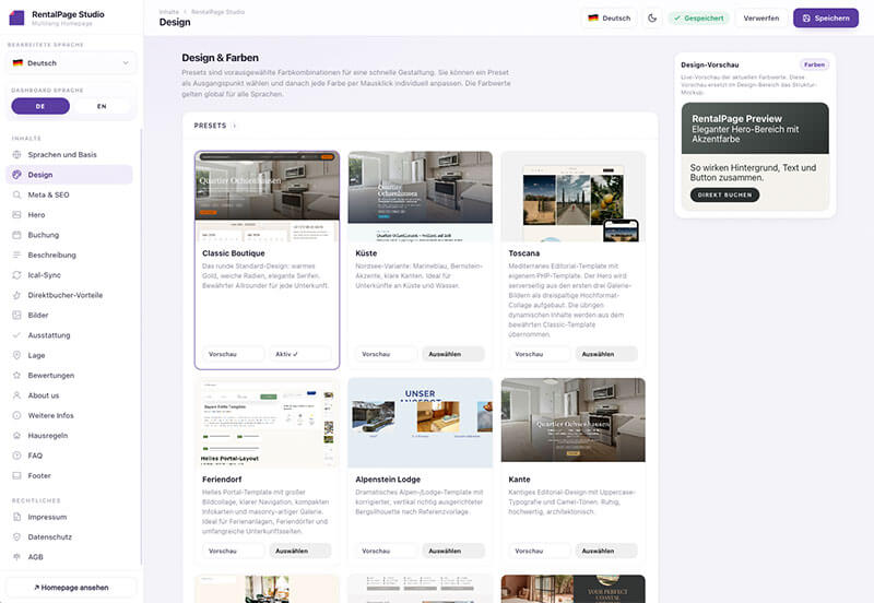 RentalPage Studio editor dashboard