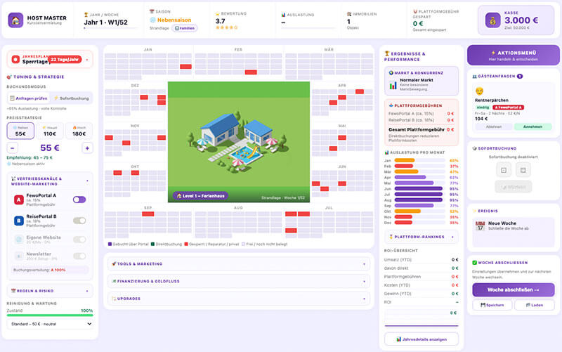 Screenshot of the RentalHost Master vacation-rental business simulation